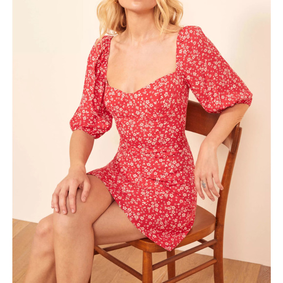 Reformation Kopa Mini Dress Puffed Sleeve Floral Print Red White Size 12 - Picture 1 of 9